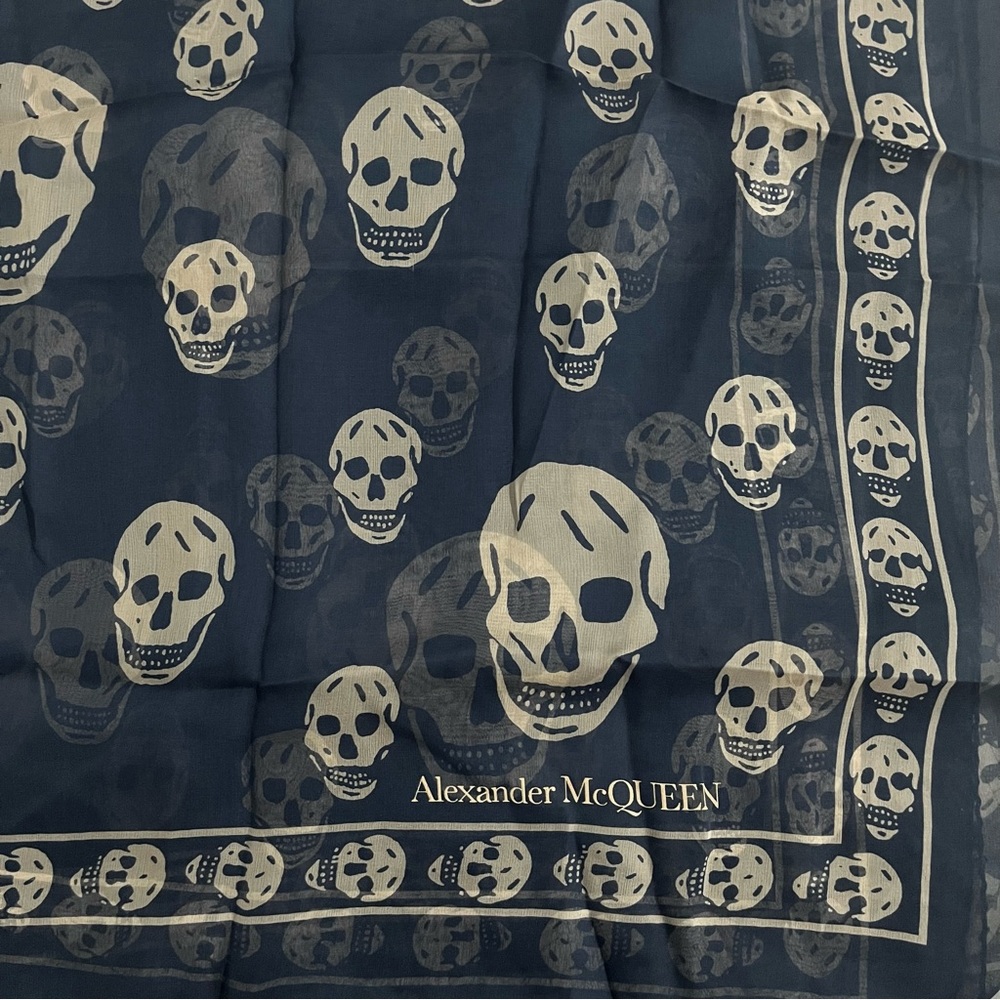 Alexander McQueen Classic Signature Sheer Navy & Cream Chiffon Silk Skull Scarf
